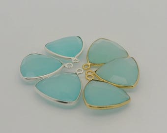 Trillion Aqua Chalcedony Pendant: 15mm Sterling Silver & Gold Plated Bezel