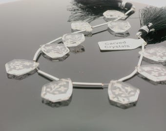 Contas florais facetadas em quartzo cristal transparente esculpidas – 10 contas por fio – Pedras preciosas de quartzo cristal gravadas para confecção de joias