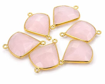 Natural Rose Quartz Quarter Circle Bezel Connector (17mm) - 925 Sterling Silver and Gold Plated Silver - 1 pcs