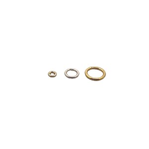 May include: Three jump rings in different sizes. The smallest ring is silver, the middle ring is silver, and the largest ring is gold.