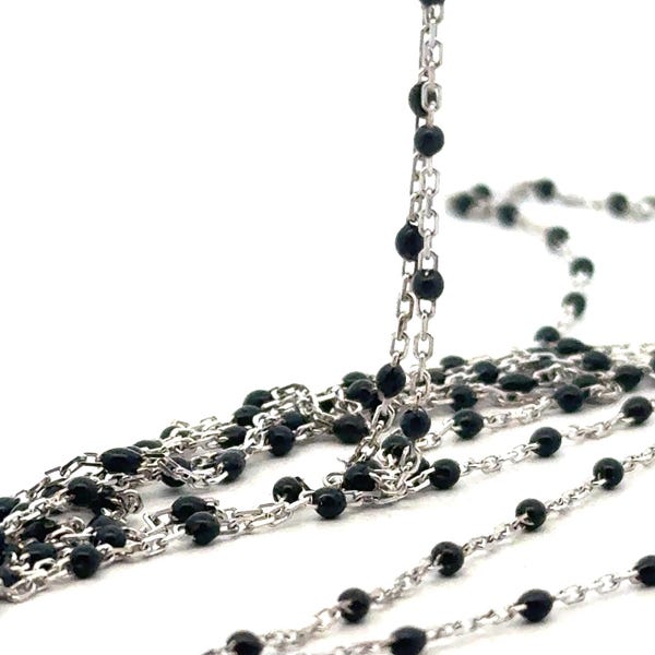 Rhodium Sterling Silver Cable Chain: Black Enamel Beads, 1 foot.
