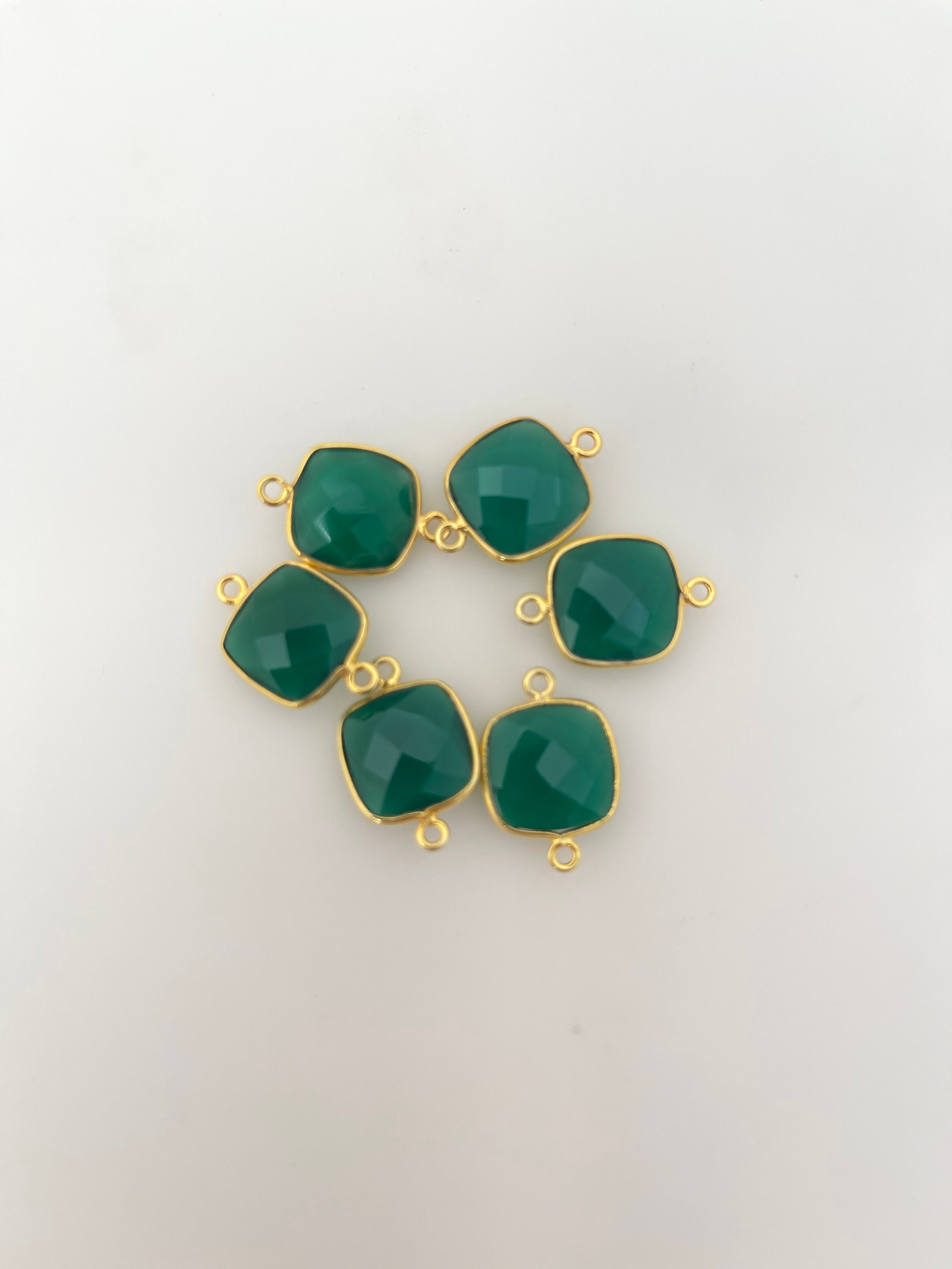 Green Onyx Cushion Connector: Gold Plated Sterling Silver Bezel