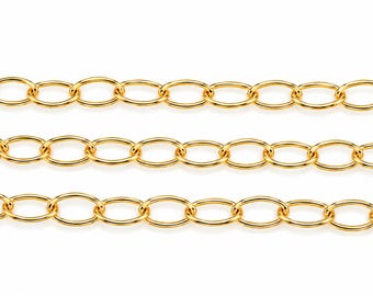 May include: A gold-toned metal chain featuring a series of uniform, elongated oval links connected in a continuous row. The chain is displayed in three horizontal segments, showcasing a polished, reflective surface and a consistent link pattern.