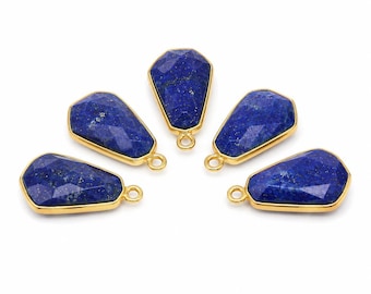 Lapis Lazuli Bezel Pendant, 11x15mm Wide Hexagon One Loop Charm, Gold Plated or Silver Plated, 1 Piece