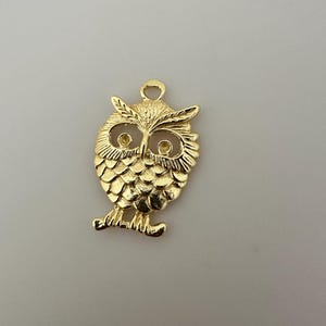 Puede incluir: Un colgante de búho de color dorado con una superficie texturizada. El búho tiene ojos grandes y un pequeño lazo en la parte superior para colgarlo. El colgante es un abalorio o un componente de joyería.