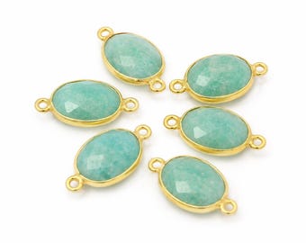 Conector oval em amazonita natural (9 mm × 11 mm) em prata de lei 925 com banho de ouro - 1 peça