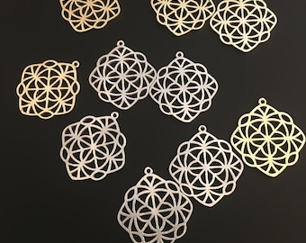 5Pcs. Gold Finish or Silver Plated, Fancy Pendent E-coated, Component, Brass Findings (35mmX38mm with Loop)