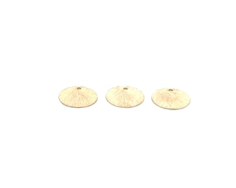 Flat Round Disc with hole on top, Available in 7 sizes, Three Colors: Gold Finish, Silver Plated, Gunmetal E-coated, Brushed, Hole Size 1mm.