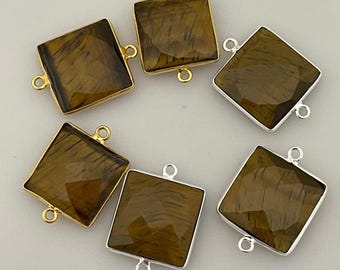 Conector quadrado Tiger Eye: moldura de prata esterlina 925, duas voltas, 15 mm