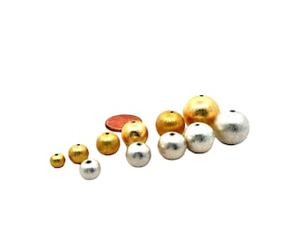 Brushed Round Beads: Anti-Tarnish Copper/Brass, Gold Finish & Silver Plated (6-16mm)