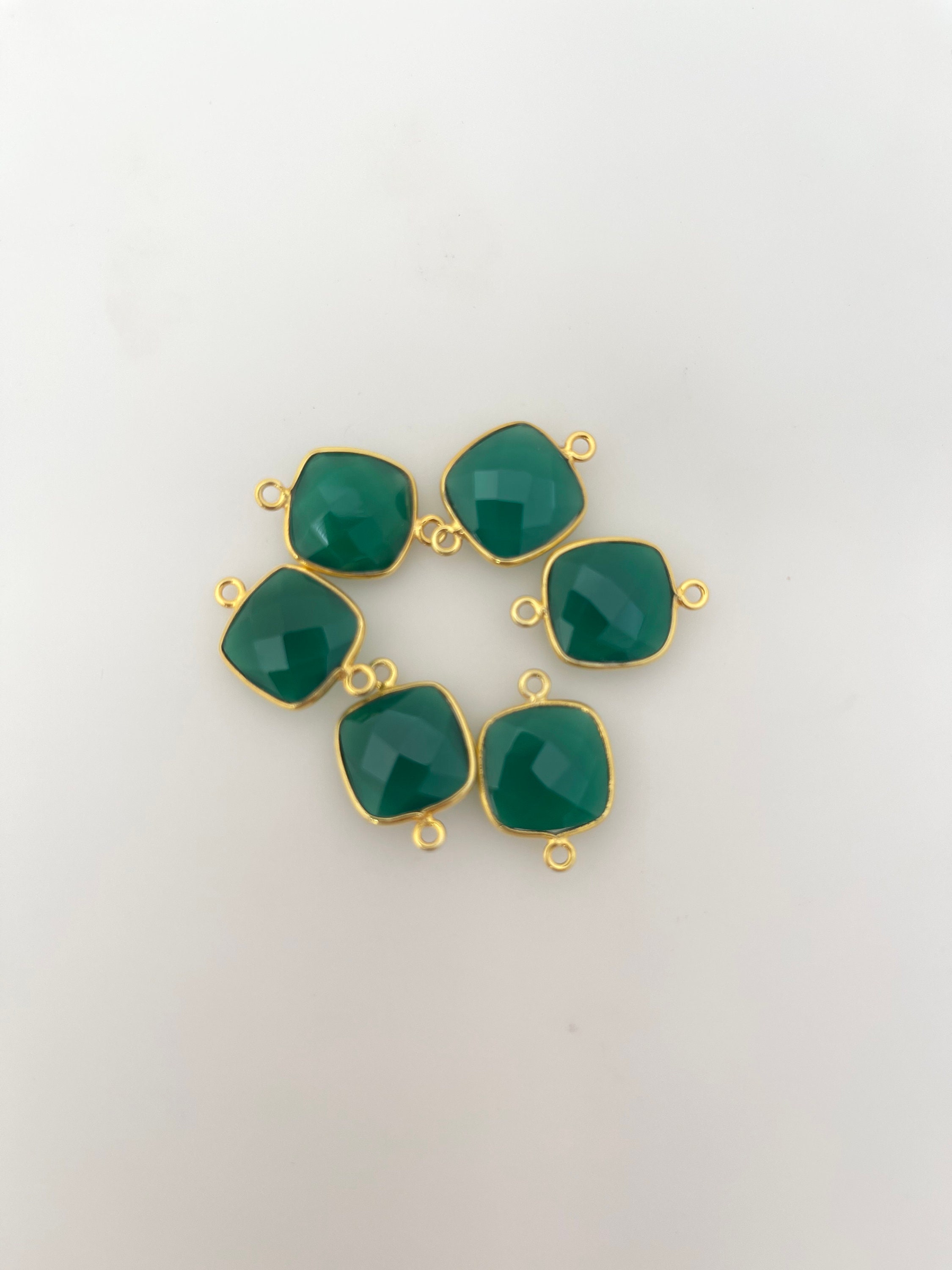 Green Onyx Cushion Connector: Gold Plated Sterling Silver Bezel