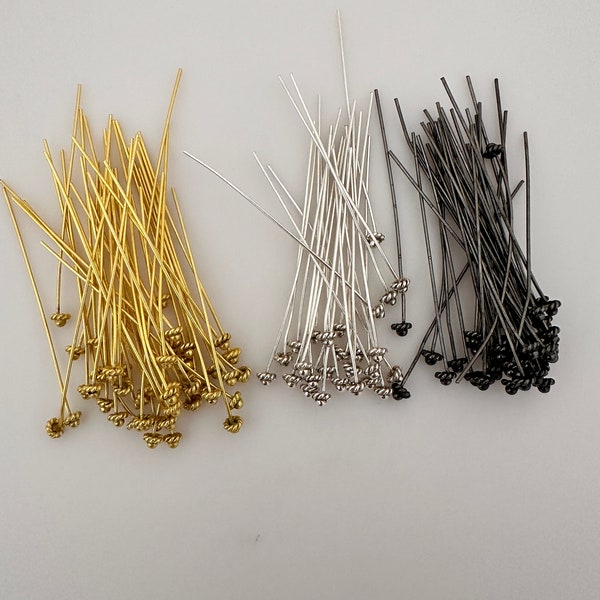 Flower Headpin 100 pcs Fancy Ball HeadPins E-coated, 22 Gauge, Available in 3 Colors: (Gold color, Silver, Gunmetal color)  size (2")