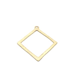 May include: A gold-toned metal pendant in the shape of a square with rounded corners. The pendant has a small loop at the top for attaching to a chain or cord.