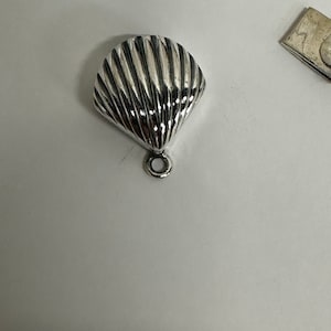 Puede incluir: Un dije de concha de mar de plata con una textura detallada y nervada y un pequeño bucle en la parte superior para sujetarlo a un collar o pulsera.