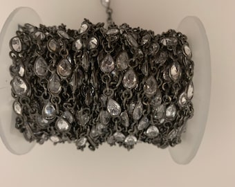 Gunmetal CZ Chain: Pear Shape Cubic Zirconia Bezel Link - 1 Foot