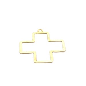 May include: A gold-toned metal cross pendant with a hollow center. The cross is a simple design with a smooth finish.