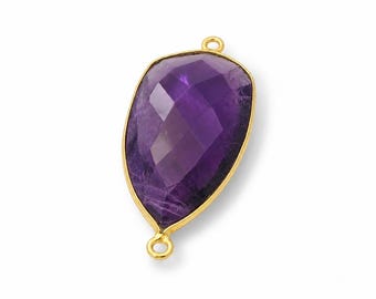 Natural Amethyst Pear Two Loop Bezel Connector (14mm × 32 mm) - Gold Plated Over Sterling Silver - 1 pcs