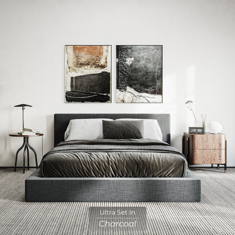 Ultra Set: Cushioned Upholstered Bed Frame and Headboard. Modern and Minimalist Low Profile Bed 画像 7