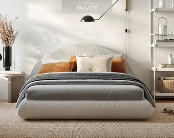 Conjunto Luna: estructura de cama y cabecera modernas y minimalistas con esquinas suaves y fluidas en forma de luna creciente.