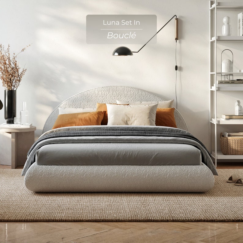 Luna Set: Modern and minimal bed frame and headboard with the smooth flowing corners in a crescent moon shape image 1