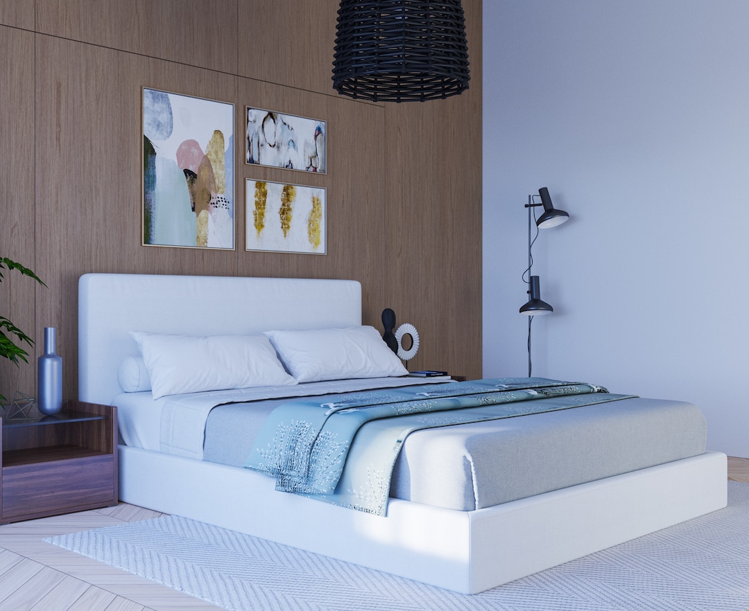 Classic Set Cushioned Upholstered Bed Frame and Headboard. Modern and