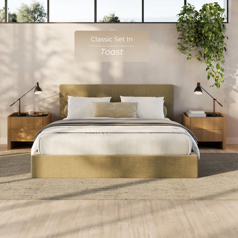 Classic Set: Cushioned Upholstered Bed Frame and Headboard. Modern and Minimalist Low Profile Bed. image 7