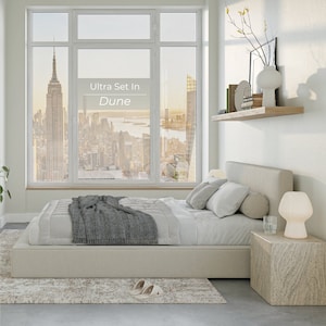 Ultra Set: Cushioned Upholstered Bed Frame and Headboard. Modern and Minimalist Low Profile Bed 画像 2