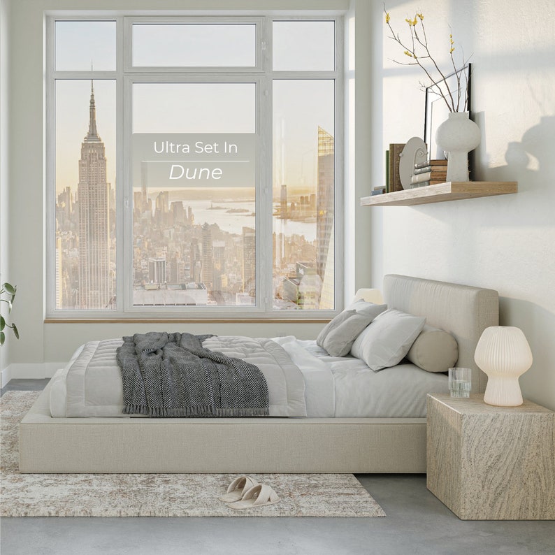 Ultra Set: Cushioned Upholstered Bed Frame and Headboard. Modern and Minimalist Low Profile Bed image 2