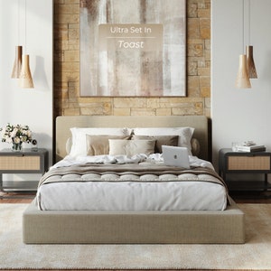 Ultra Set: Cushioned Upholstered Bed Frame and Headboard. Modern and Minimalist Low Profile Bed 画像 4