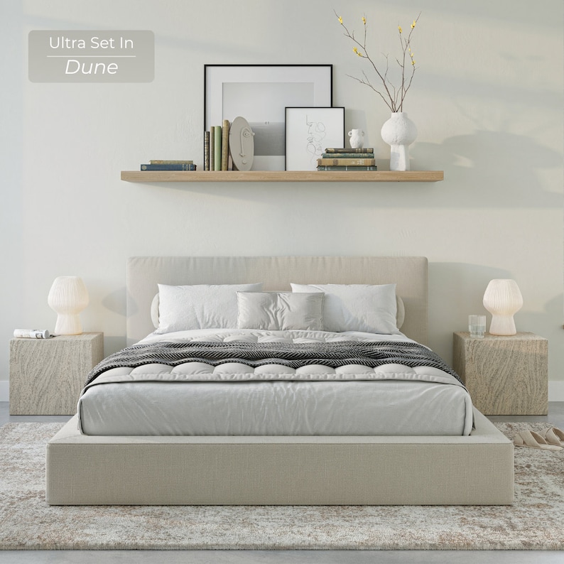 Ultra Set: Cushioned Upholstered Bed Frame and Headboard. Modern and Minimalist Low Profile Bed image 1