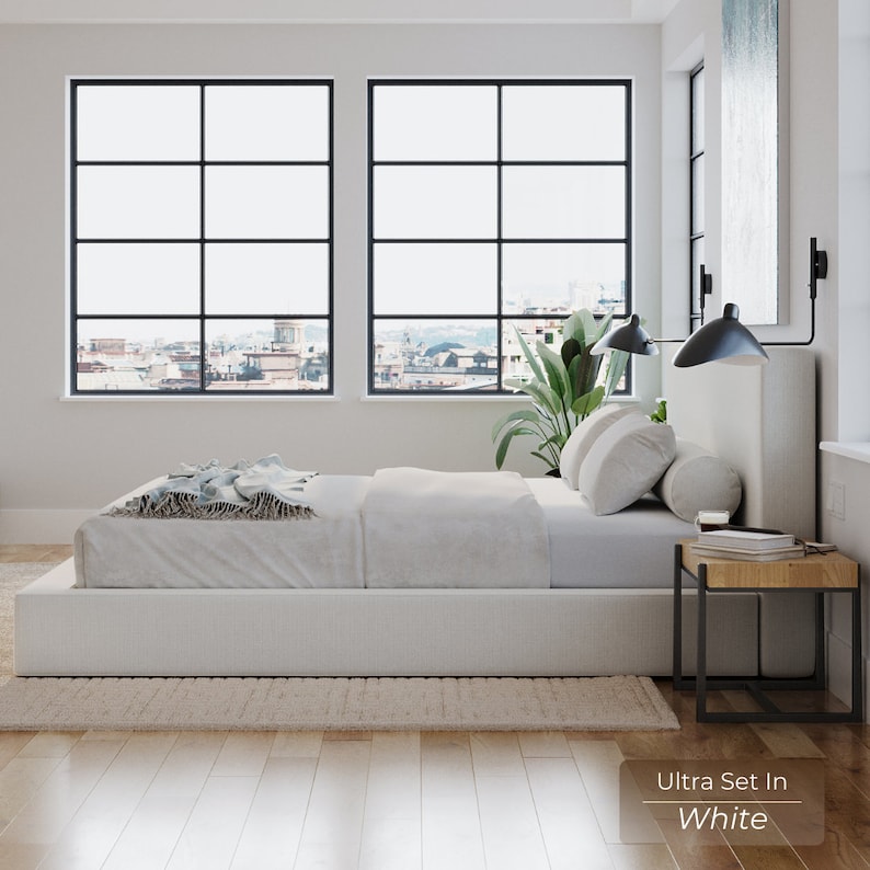 Ultra Set: Cushioned Upholstered Bed Frame and Headboard. Modern and Minimalist Low Profile Bed 画像 5