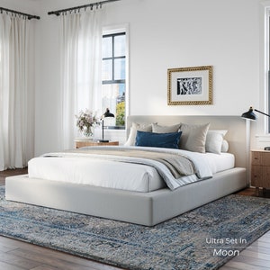 Ultra Set: Cushioned Upholstered Bed Frame and Headboard. Modern and Minimalist Low Profile Bed 画像 6