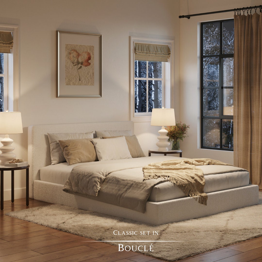 Classic Set Cushioned Upholstered Bed Frame and Headboard. Modern
