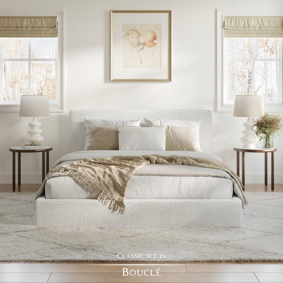 Classic Set Cushioned Upholstered Bed Frame and Headboard. Modern