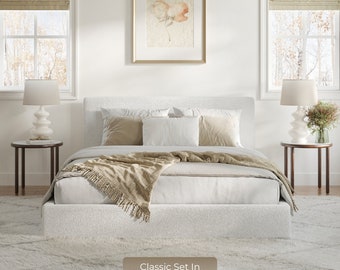 Classic Set: Cushioned Upholstered Bed Frame and Headboard. Modern and Minimalist Low Profile Bed.