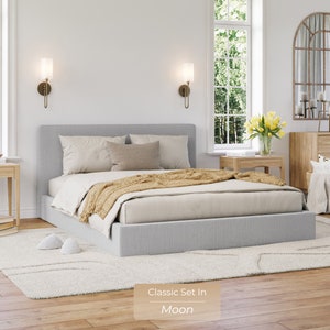 Classic Set: Cushioned Upholstered Bed Frame and Headboard. Modern and Minimalist Low Profile Bed. image 5