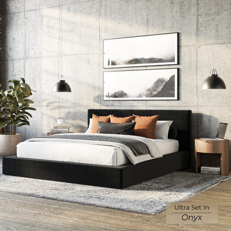 Ultra Set: Cushioned Upholstered Bed Frame and Headboard. Modern and Minimalist Low Profile Bed 画像 3