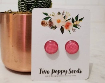 Red and white Swiss dot glass stud earrings- polka dot earrings, Christmas earrings, small dot earrings