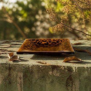 May include: A square decorative dish with a leopard print pattern. The dish is brown and amber-colored, with dark brown spots. It sits on a weathered stone surface, with dried leaves scattered around it. The background is blurred, showing greenery.