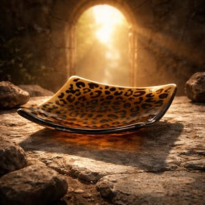 May include: A decorative, rectangular glass dish with a leopard print pattern. The dish is amber-colored with dark brown spots and has a black border. It is set on a stone surface with a blurred background.