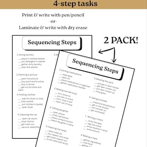 May include: Two white cards with black text detailing 4-step tasks for daily living activities. The cards include instructions for tasks like doing laundry, painting, and making a meal. The text is in a clear, easy-to-read font.