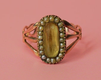 Early Victorian Citrine 8K Gold Ring / Late Georgian Oval Pearl Halo Ring