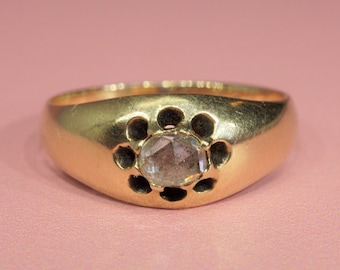 Victorian Rose Cut Diamond Solitair Ring / Antique Diamond 18K Gold Engagement Ring with Inscription