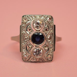 Art Deco Diamond and Sapphire Shield Ring / Antique Diamond 14K Gold Statement Ring