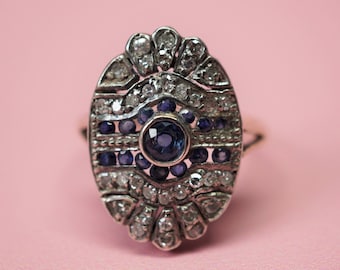 Antique Diamond and Sapphire Shield Ring / Edwardian 14K Gold and Silver Dinner Ring