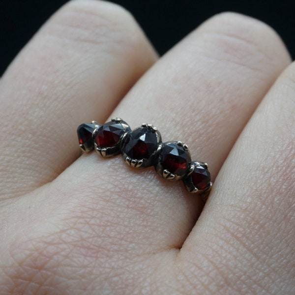 RESERVED Victorian Rose Cut Garnet Half Hoop 14K Gold Ring / Antique Close Back Garnet Ring