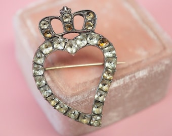 Georgian Crowned Witches Heart Brooch / Antique Silver and Gold Paste Rare Brooch