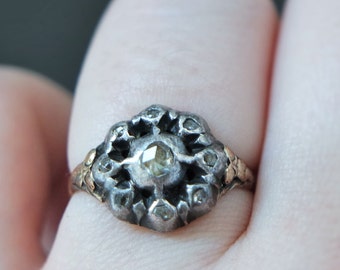 Georgian Rose Cut Diamond Gold and Silver Ring// Antique cluster engagement ring in yellow gold and silver