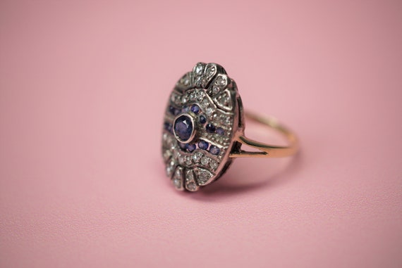 Antique Diamond and Sapphire Shield Ring / Edward… - image 2