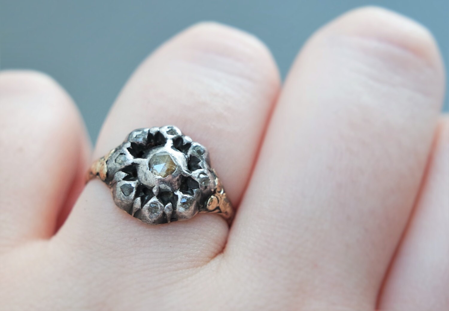 Georgian Rose Cut Diamond Gold and Silver Ring// Antique Cluster ...
